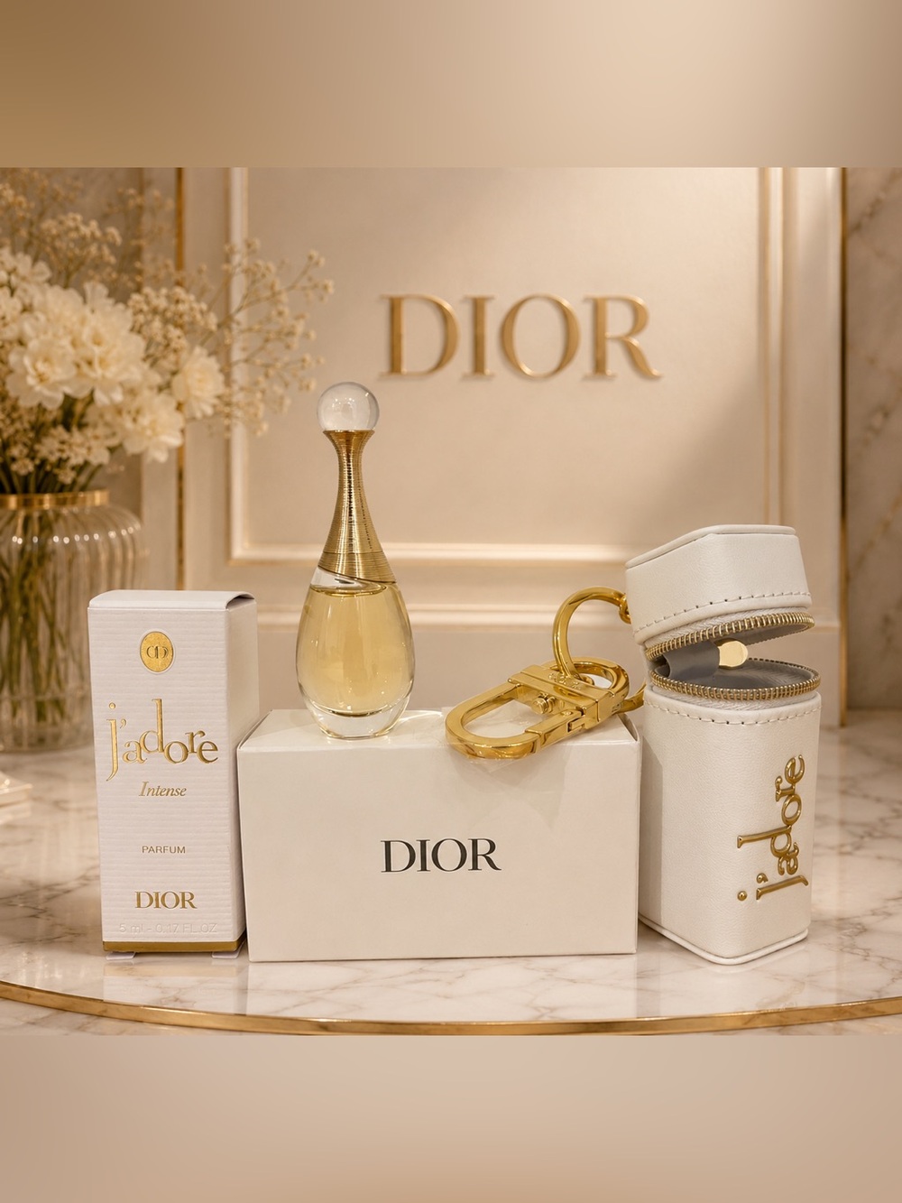 Dior White J'adore Leather Key Pouch with Gold Hardware
